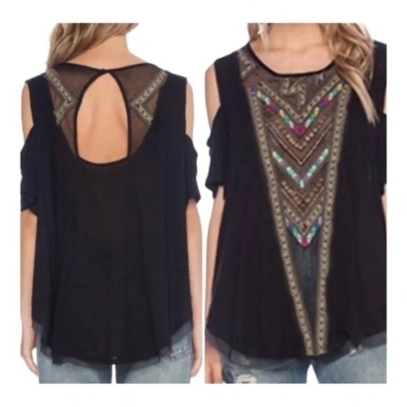 Free People Gypsy Spell Black Embroidered Cold Shoulder Tunic - Picture 1 of 8